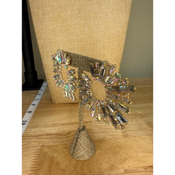 Gold-Tone Iridescent Crystal Baguette & Round Statement Earrings - Picture 9 of 10